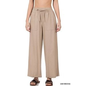 NWOT - ZENANA Ash Mocha Linen Drawstring Waist Palazzo Pants With Pockets Size L